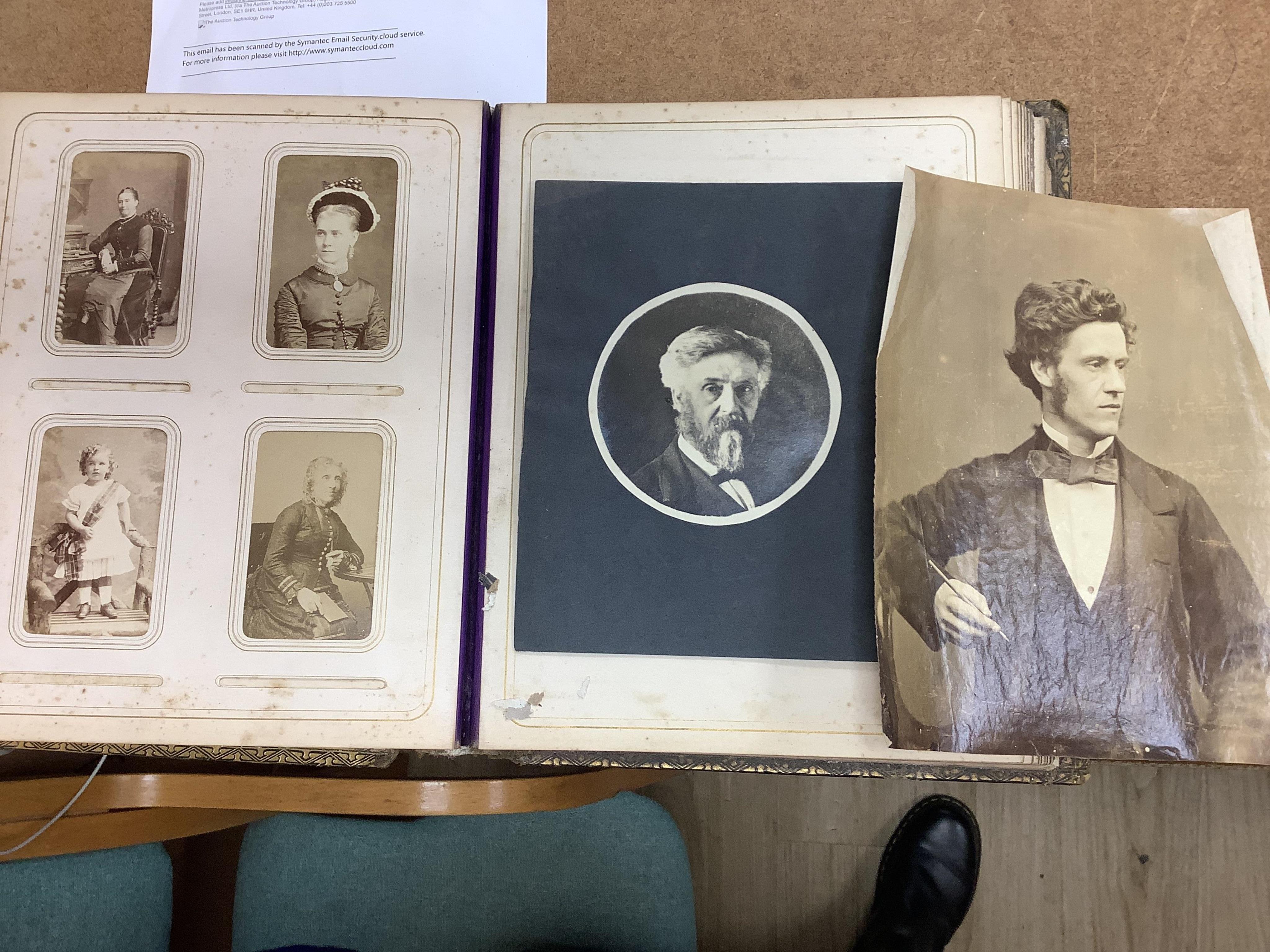 A Victorian malachite mounted amboyna family photograph album, 23cm x 30cm